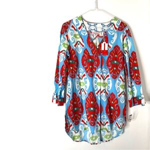 Tizzie Red Blue Printed V Neck Tunic Popover Blouse Hi Lo Pleated Oversized NWT